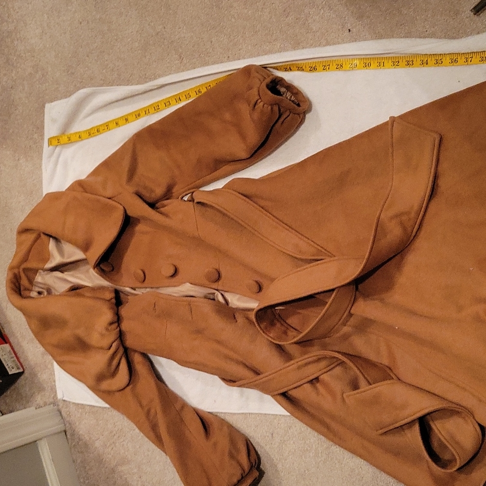 NWOT -Custom made tan wool double-breasted belted swing jacket size small